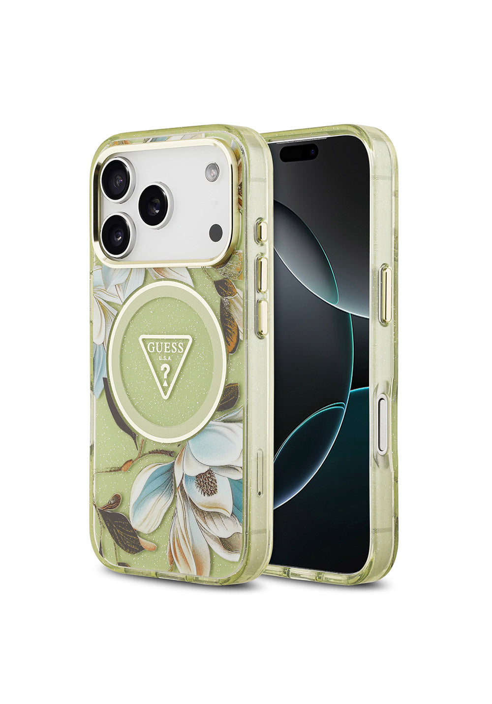 Apple iPhone 17 Pro Kılıf Guess Orijinal Lisanslı Manyetik Şarj Uyumlu Simli Çiçek Desenli Metal Kamera Çerçeveli Üçgen Logolu Kapak