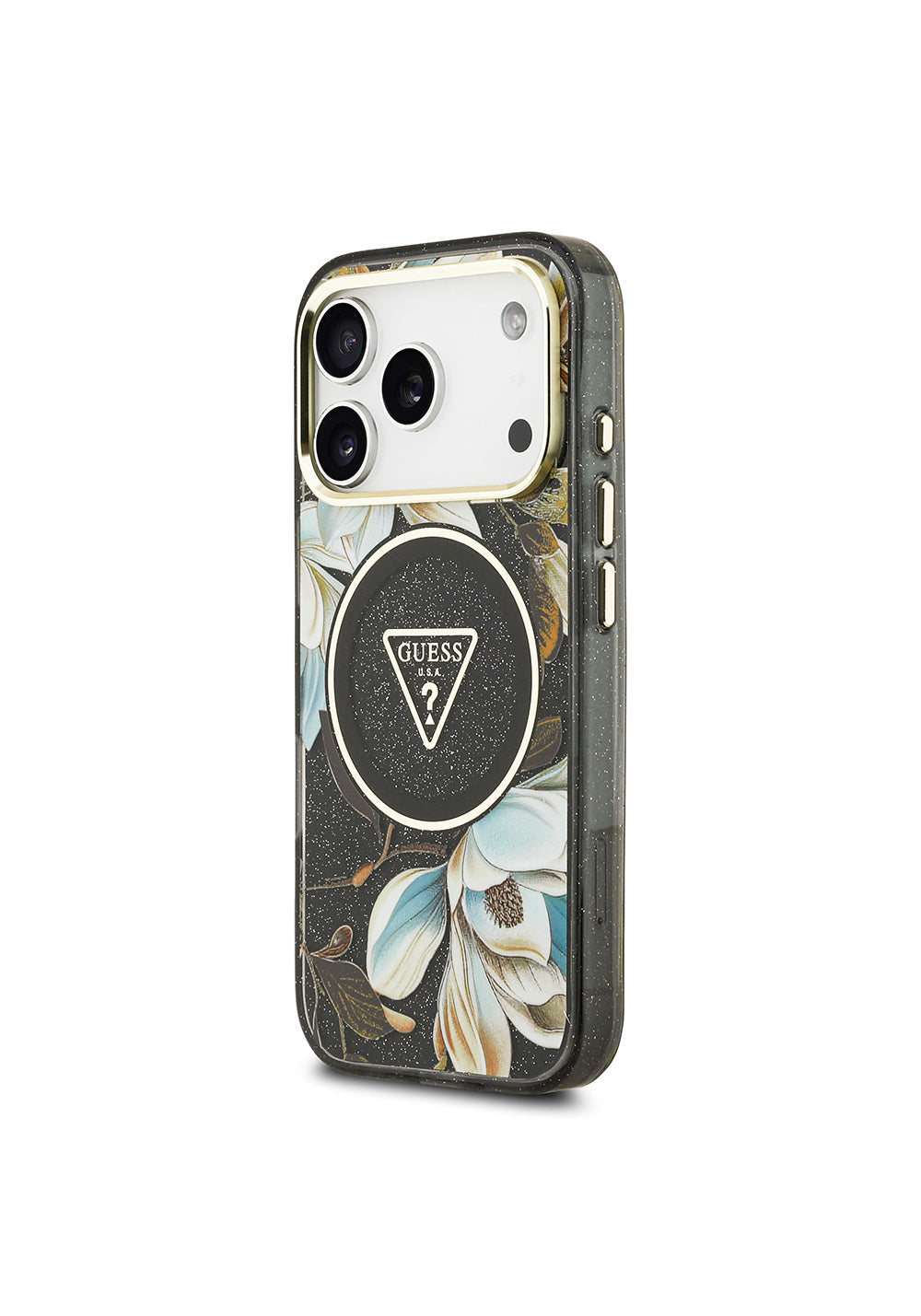 Apple iPhone 17 Pro Kılıf Guess Orijinal Lisanslı Manyetik Şarj Uyumlu Simli Çiçek Desenli Metal Kamera Çerçeveli Üçgen Logolu Kapak