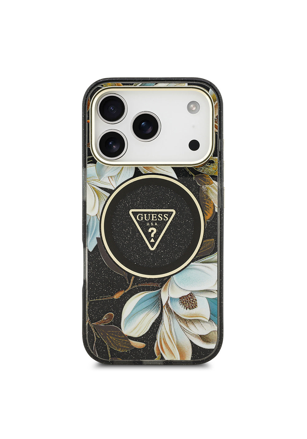 Apple iPhone 17 Pro Kılıf Guess Orijinal Lisanslı Manyetik Şarj Uyumlu Simli Çiçek Desenli Metal Kamera Çerçeveli Üçgen Logolu Kapak