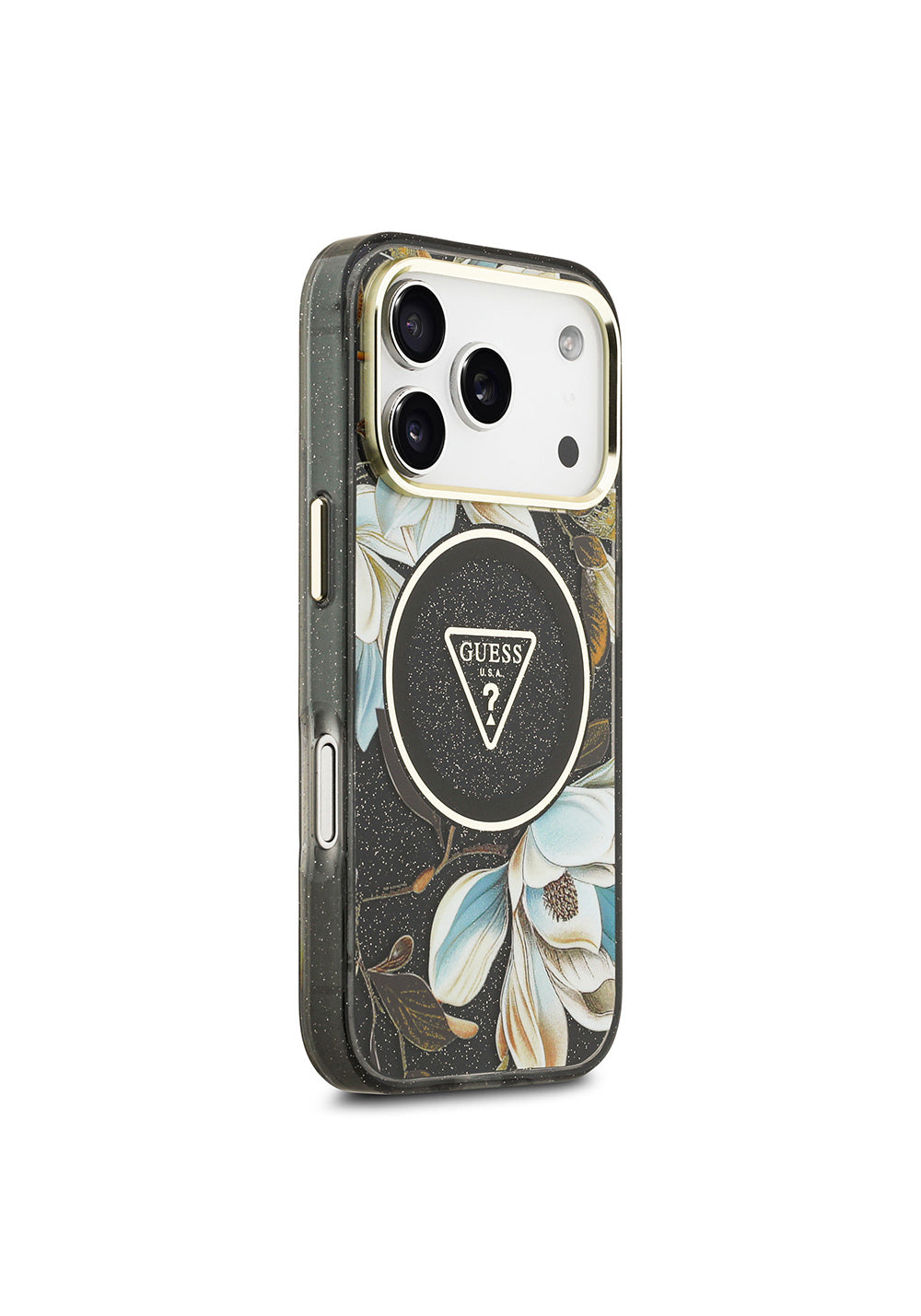 Apple iPhone 17 Pro Kılıf Guess Orijinal Lisanslı Manyetik Şarj Uyumlu Simli Çiçek Desenli Metal Kamera Çerçeveli Üçgen Logolu Kapak