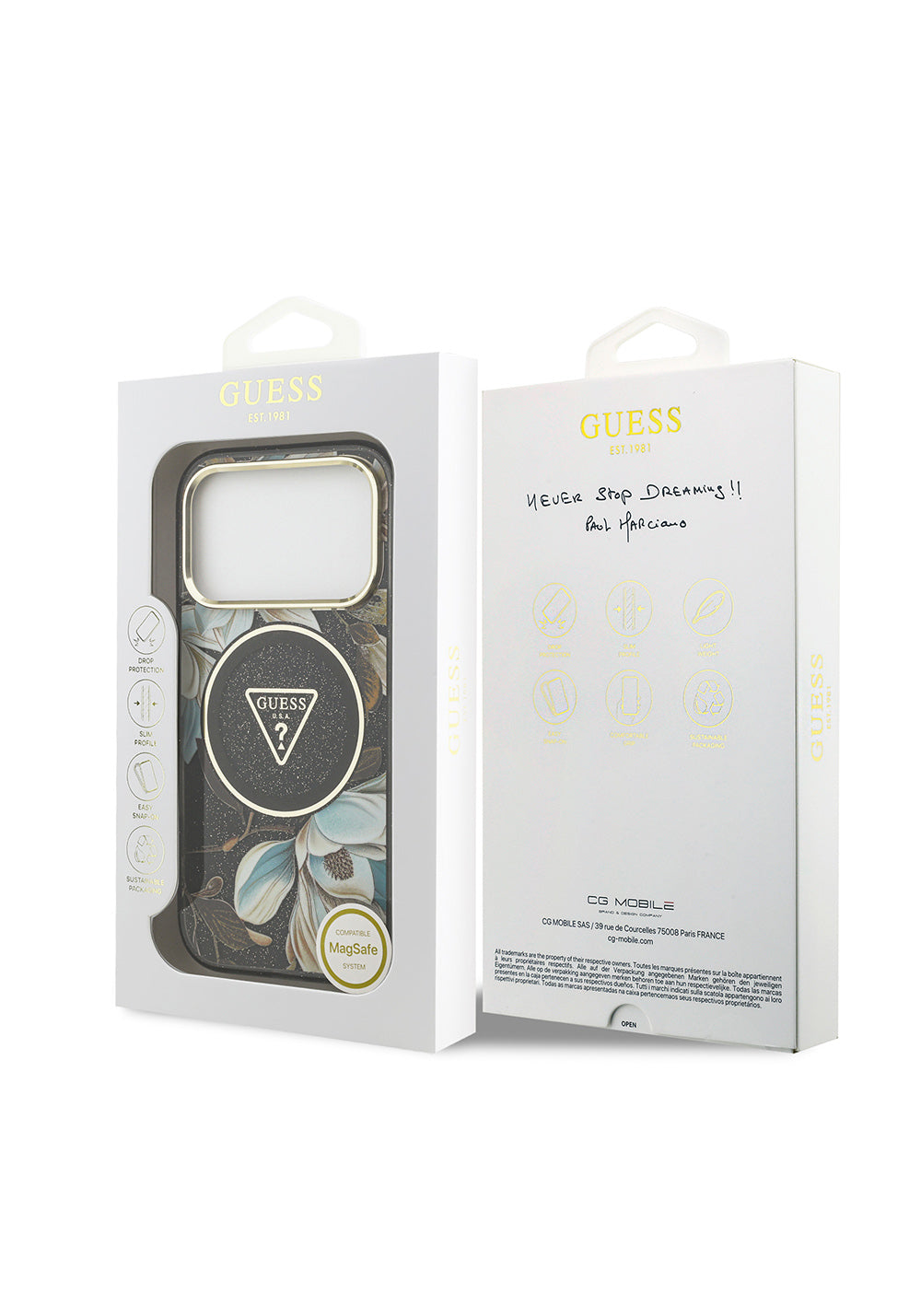 Apple iPhone 17 Pro Kılıf Guess Orijinal Lisanslı Manyetik Şarj Uyumlu Simli Çiçek Desenli Metal Kamera Çerçeveli Üçgen Logolu Kapak