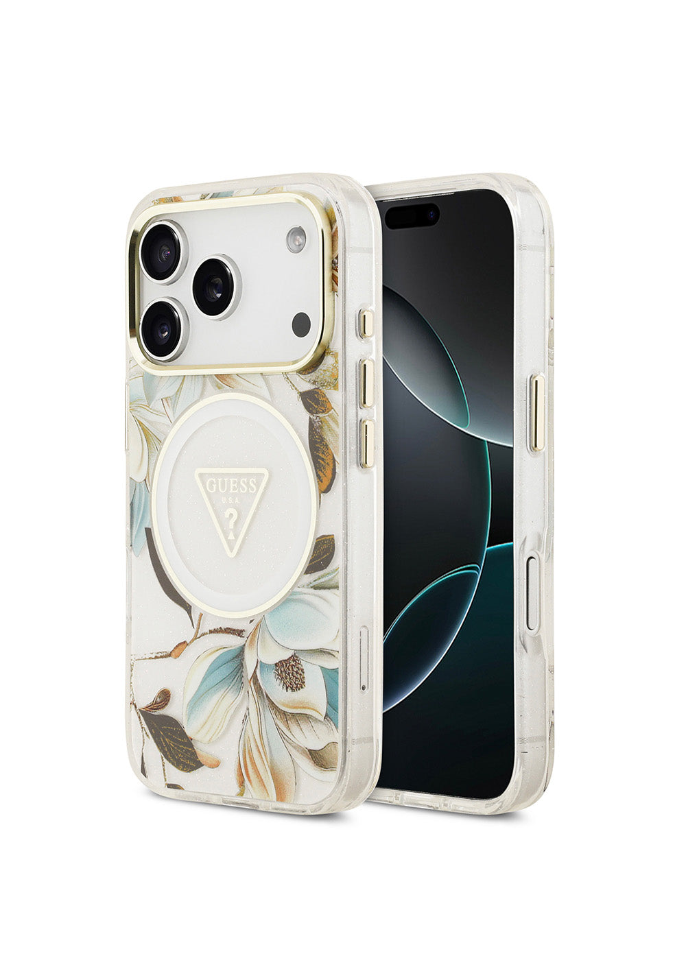 Apple iPhone 17 Pro Max Kılıf Guess Orijinal Lisanslı Manyetik Şarj Uyumlu Simli Çiçek Desenli Metal Kamera Çerçeveli Üçgen Logolu Kapak
