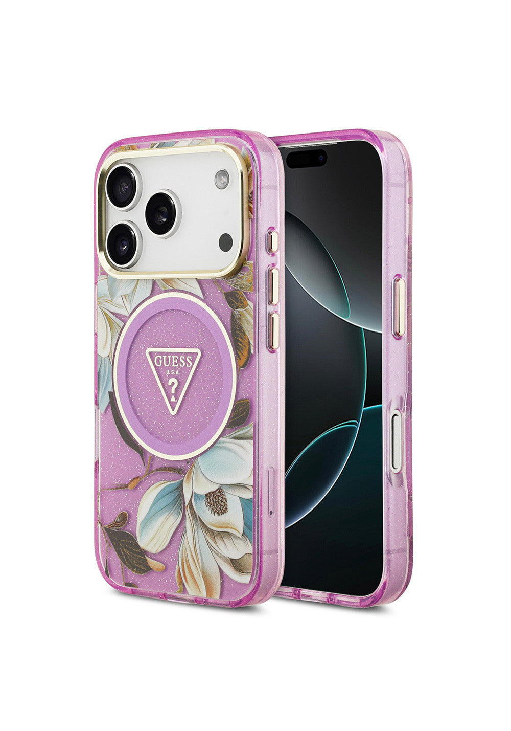 Apple iPhone 17 Pro Max Kılıf Guess Orijinal Lisanslı Manyetik Şarj Uyumlu Simli Çiçek Desenli Metal Kamera Çerçeveli Üçgen Logolu Kapak