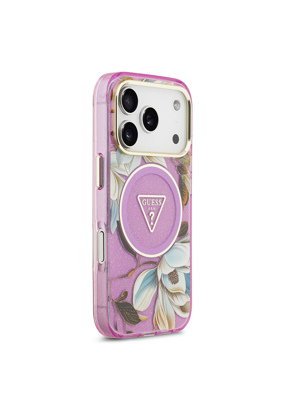 Apple iPhone 17 Pro Max Kılıf Guess Orijinal Lisanslı Manyetik Şarj Uyumlu Simli Çiçek Desenli Metal Kamera Çerçeveli Üçgen Logolu Kapak