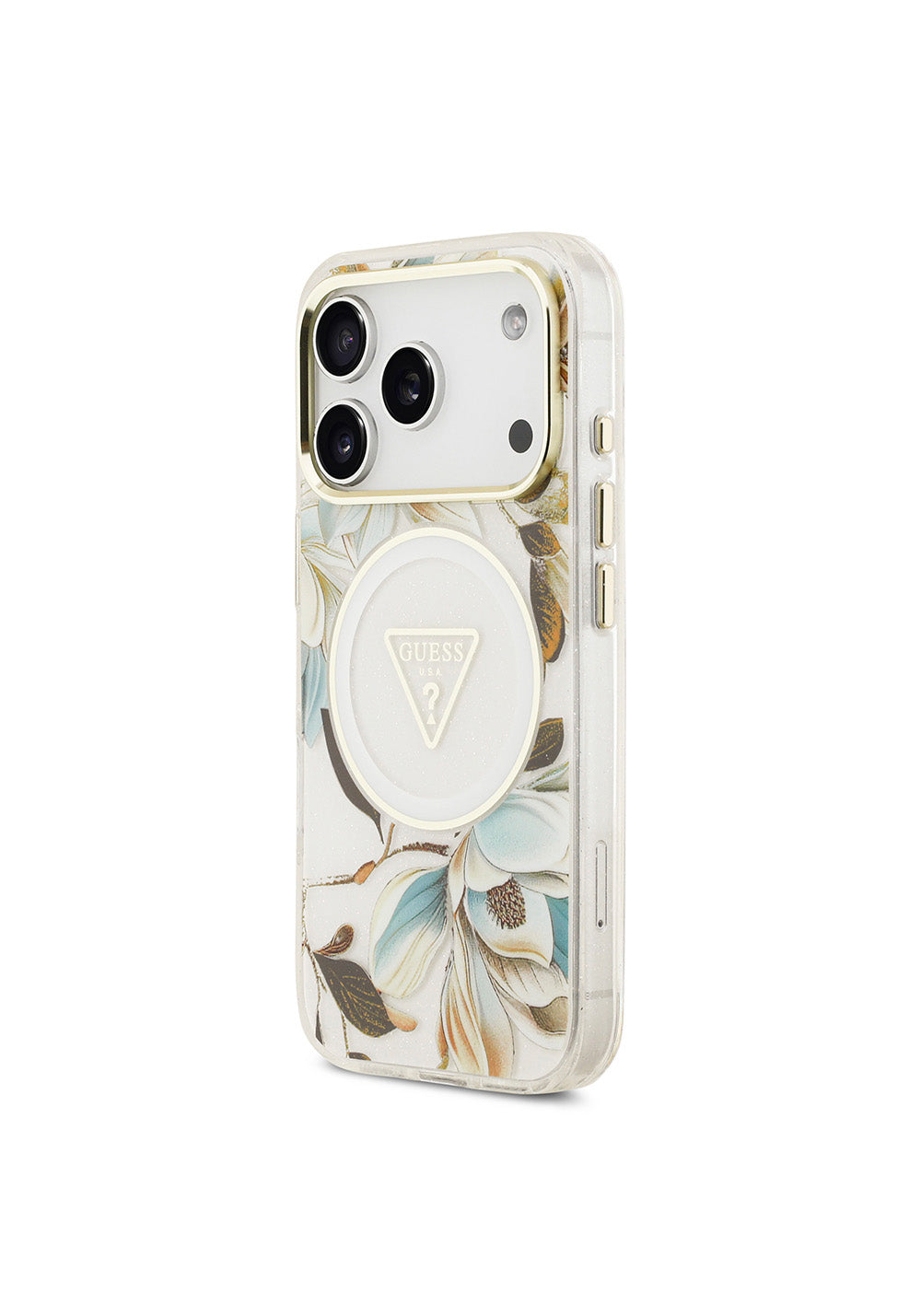 Apple iPhone 17 Pro Max Kılıf Guess Orijinal Lisanslı Manyetik Şarj Uyumlu Simli Çiçek Desenli Metal Kamera Çerçeveli Üçgen Logolu Kapak