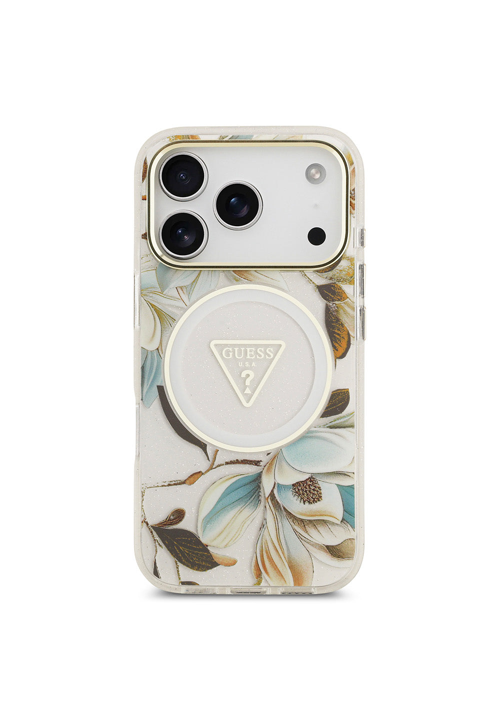 Apple iPhone 17 Pro Max Kılıf Guess Orijinal Lisanslı Manyetik Şarj Uyumlu Simli Çiçek Desenli Metal Kamera Çerçeveli Üçgen Logolu Kapak
