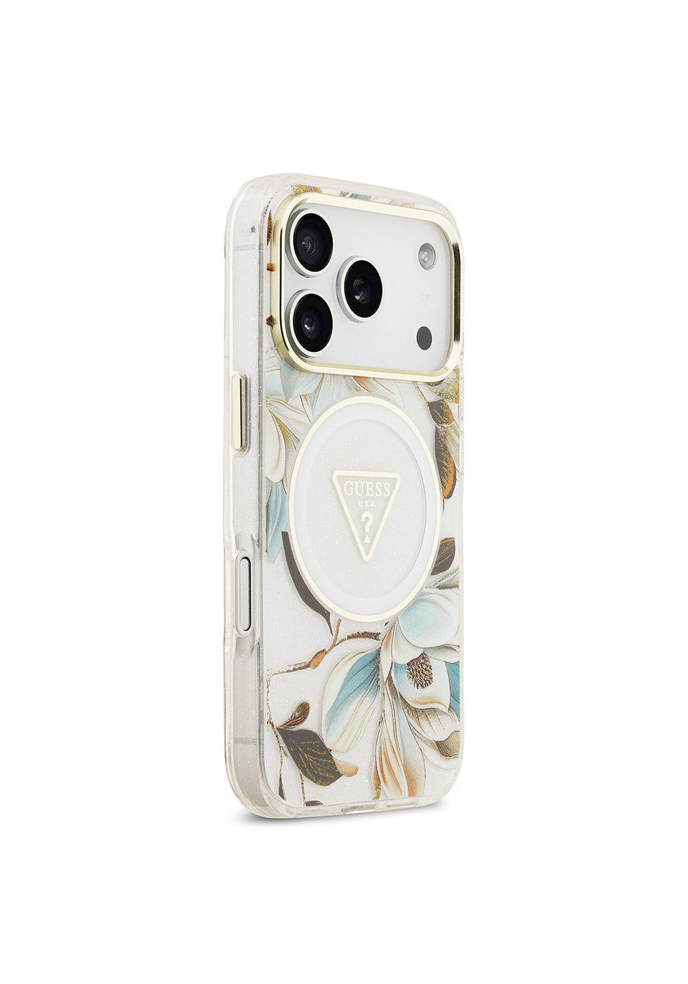 Apple iPhone 17 Pro Max Kılıf Guess Orijinal Lisanslı Manyetik Şarj Uyumlu Simli Çiçek Desenli Metal Kamera Çerçeveli Üçgen Logolu Kapak
