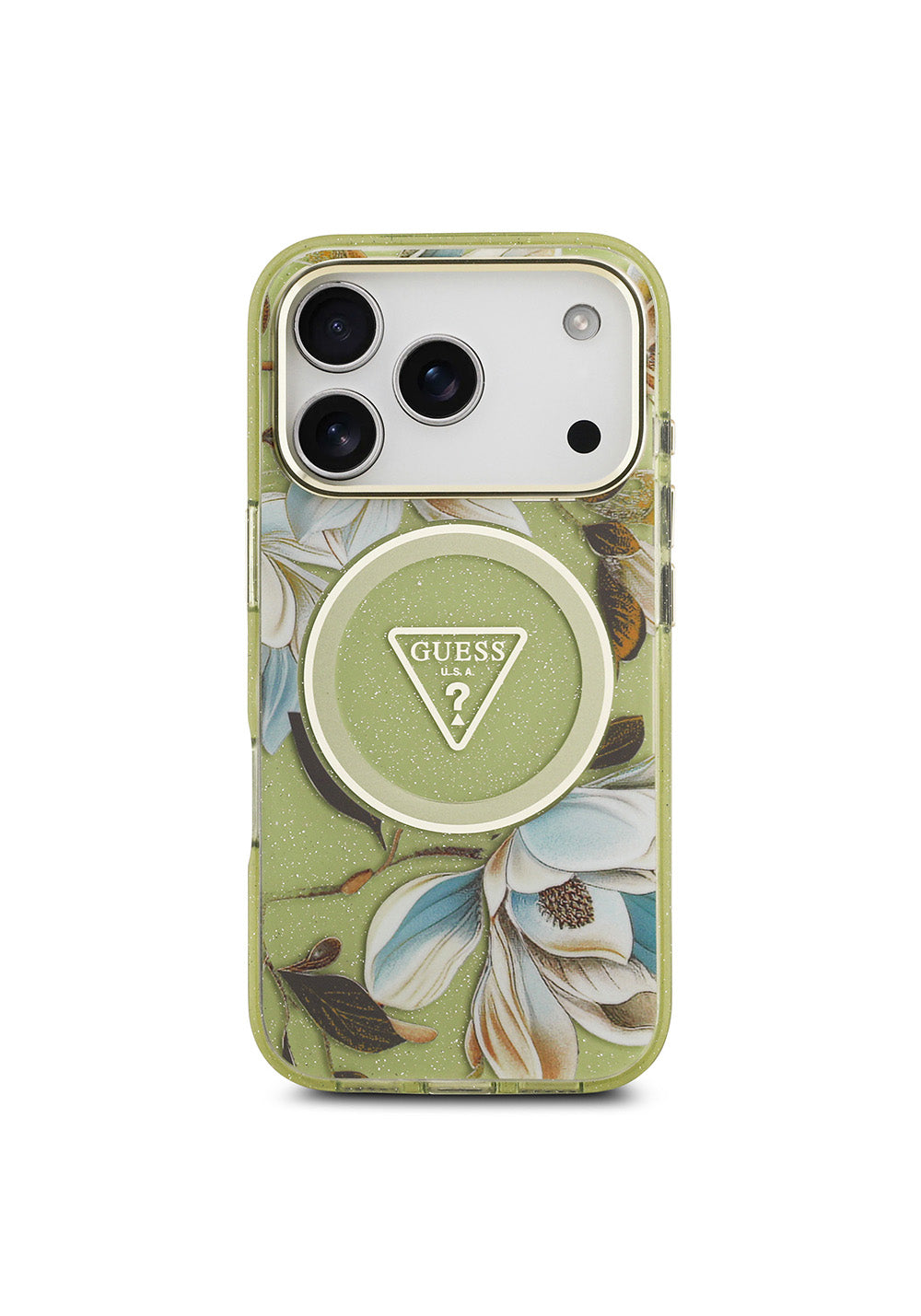 Apple iPhone 17 Pro Max Kılıf Guess Orijinal Lisanslı Manyetik Şarj Uyumlu Simli Çiçek Desenli Metal Kamera Çerçeveli Üçgen Logolu Kapak