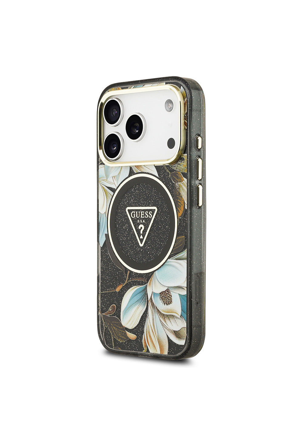 Apple iPhone 17 Pro Max Kılıf Guess Orijinal Lisanslı Manyetik Şarj Uyumlu Simli Çiçek Desenli Metal Kamera Çerçeveli Üçgen Logolu Kapak