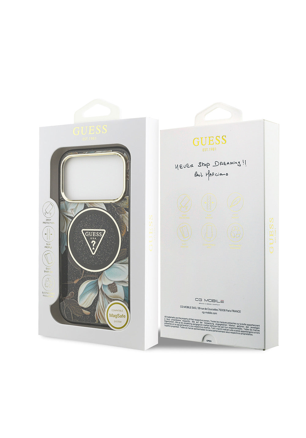 Apple iPhone 17 Pro Max Kılıf Guess Orijinal Lisanslı Manyetik Şarj Uyumlu Simli Çiçek Desenli Metal Kamera Çerçeveli Üçgen Logolu Kapak
