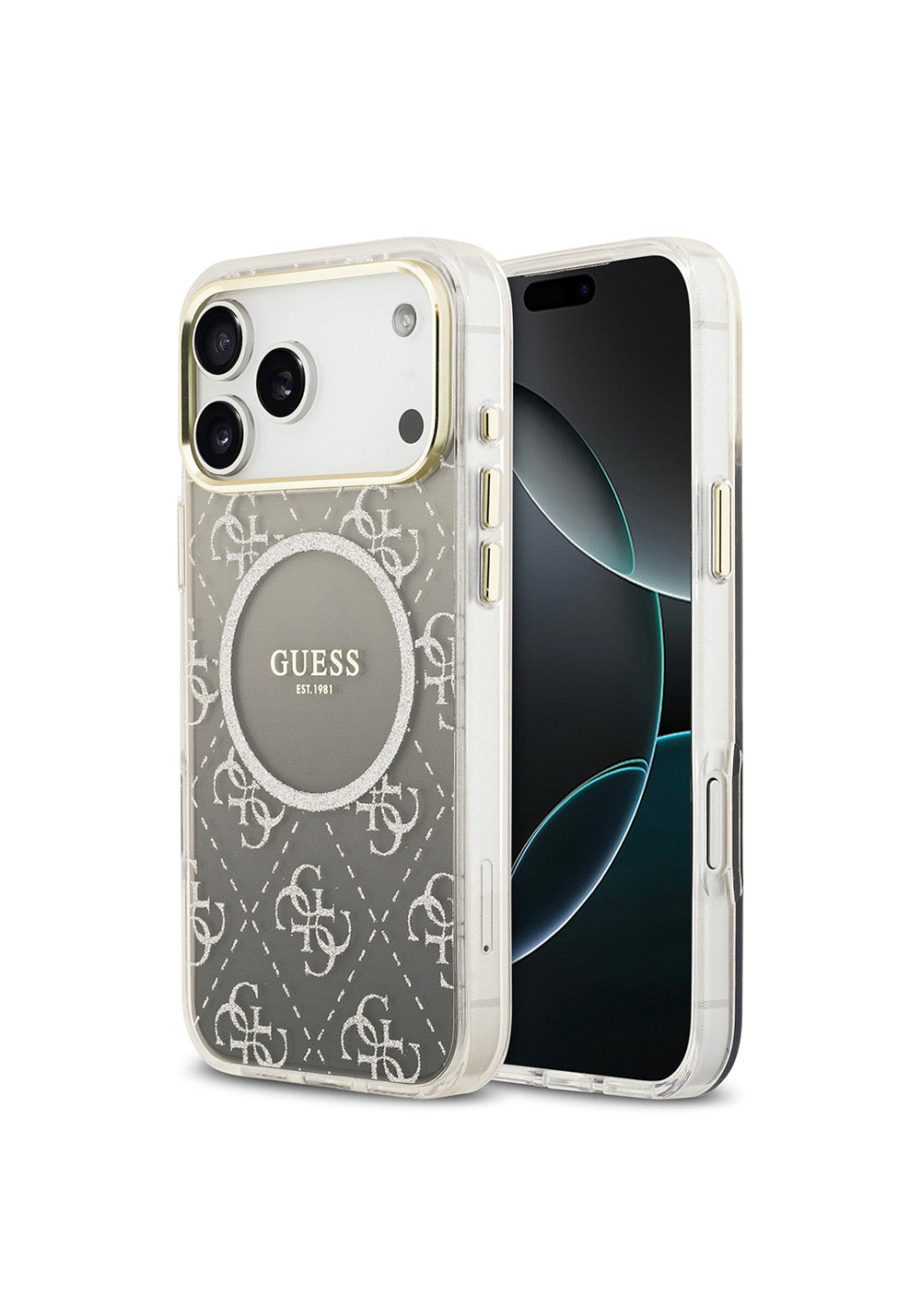 Apple iPhone 17 Pro Kılıf Guess Orijinal Lisanslı Manyetik Şarj Uyumlu 4G Desenli Simli Silikon Kapak