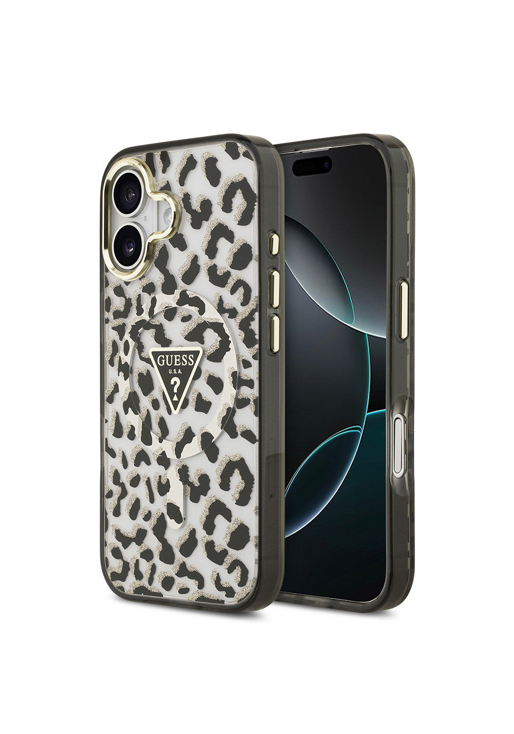 Apple iPhone 17 Kılıf Guess Orijinal Lisanslı Manyetik Şarj Uyumlu Üçgen Logolu Simli Leopar Desenli Kapak