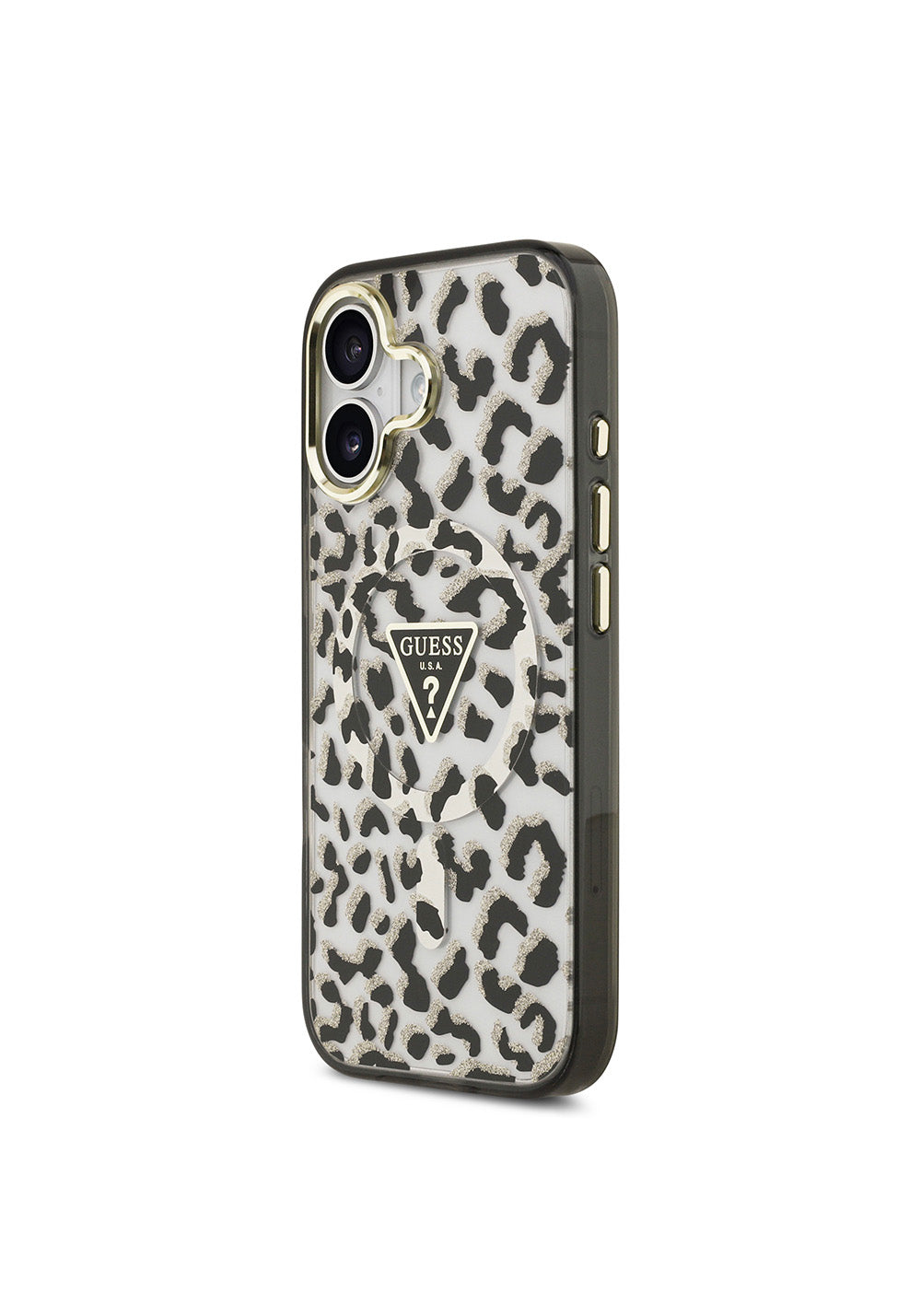 Apple iPhone 17 Kılıf Guess Orijinal Lisanslı Manyetik Şarj Uyumlu Üçgen Logolu Simli Leopar Desenli Kapak