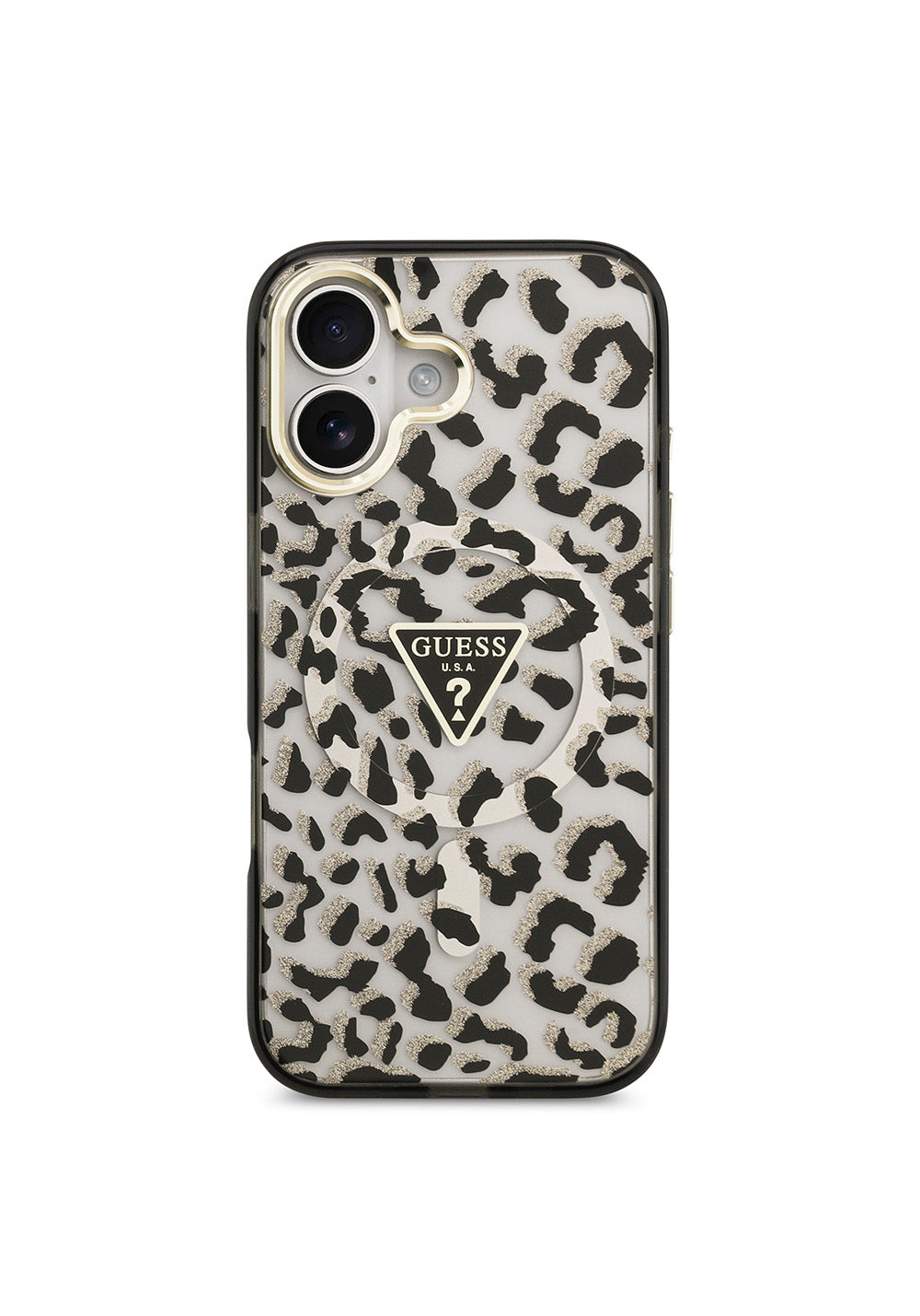 Apple iPhone 17 Kılıf Guess Orijinal Lisanslı Manyetik Şarj Uyumlu Üçgen Logolu Simli Leopar Desenli Kapak