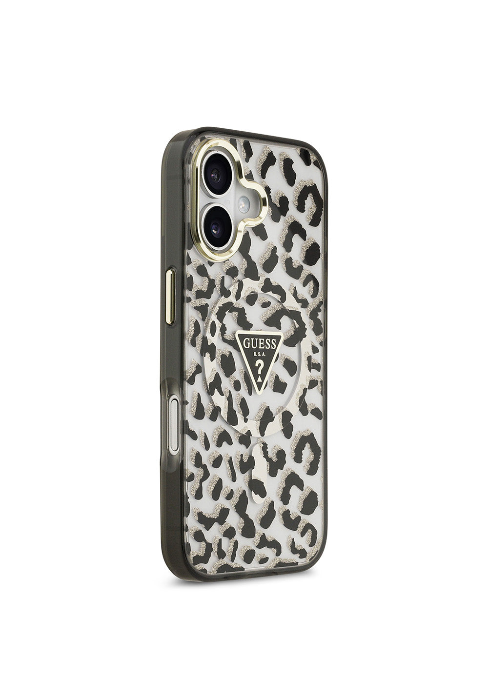 Apple iPhone 17 Kılıf Guess Orijinal Lisanslı Manyetik Şarj Uyumlu Üçgen Logolu Simli Leopar Desenli Kapak