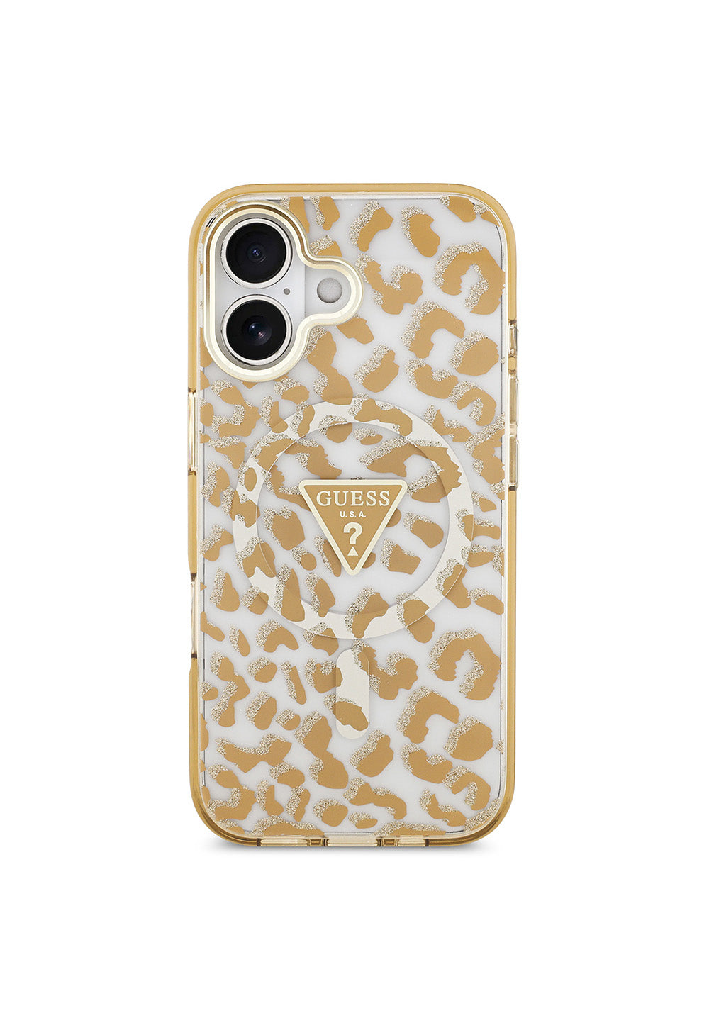 Apple iPhone 17 Kılıf Guess Orijinal Lisanslı Manyetik Şarj Uyumlu Üçgen Logolu Simli Leopar Desenli Kapak