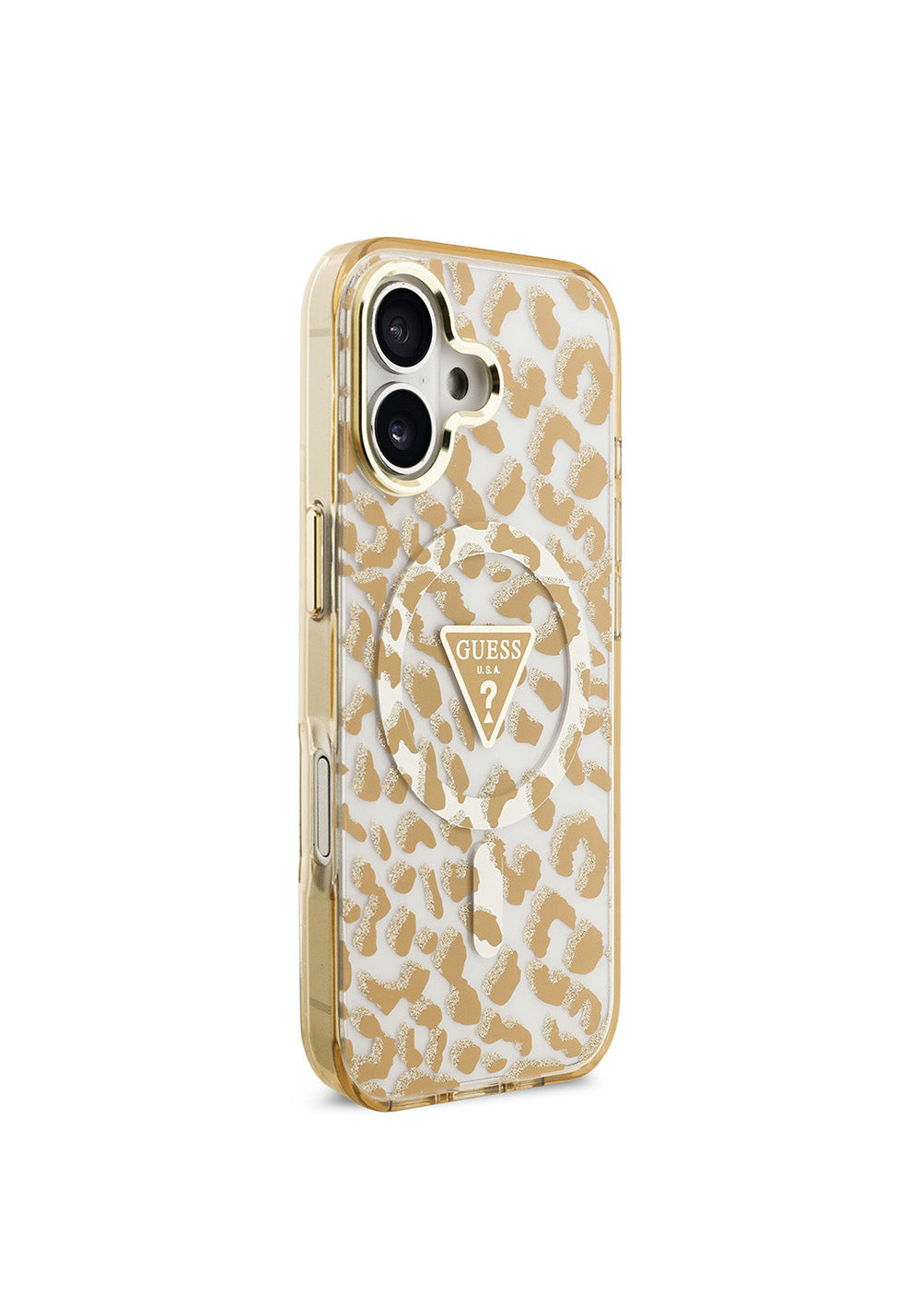 Apple iPhone 17 Kılıf Guess Orijinal Lisanslı Manyetik Şarj Uyumlu Üçgen Logolu Simli Leopar Desenli Kapak