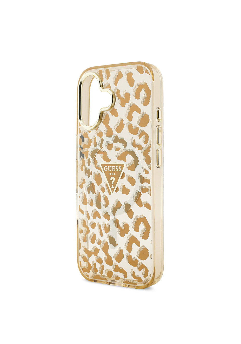 Apple iPhone 17 Kılıf Guess Orijinal Lisanslı Manyetik Şarj Uyumlu Üçgen Logolu Simli Leopar Desenli Kapak