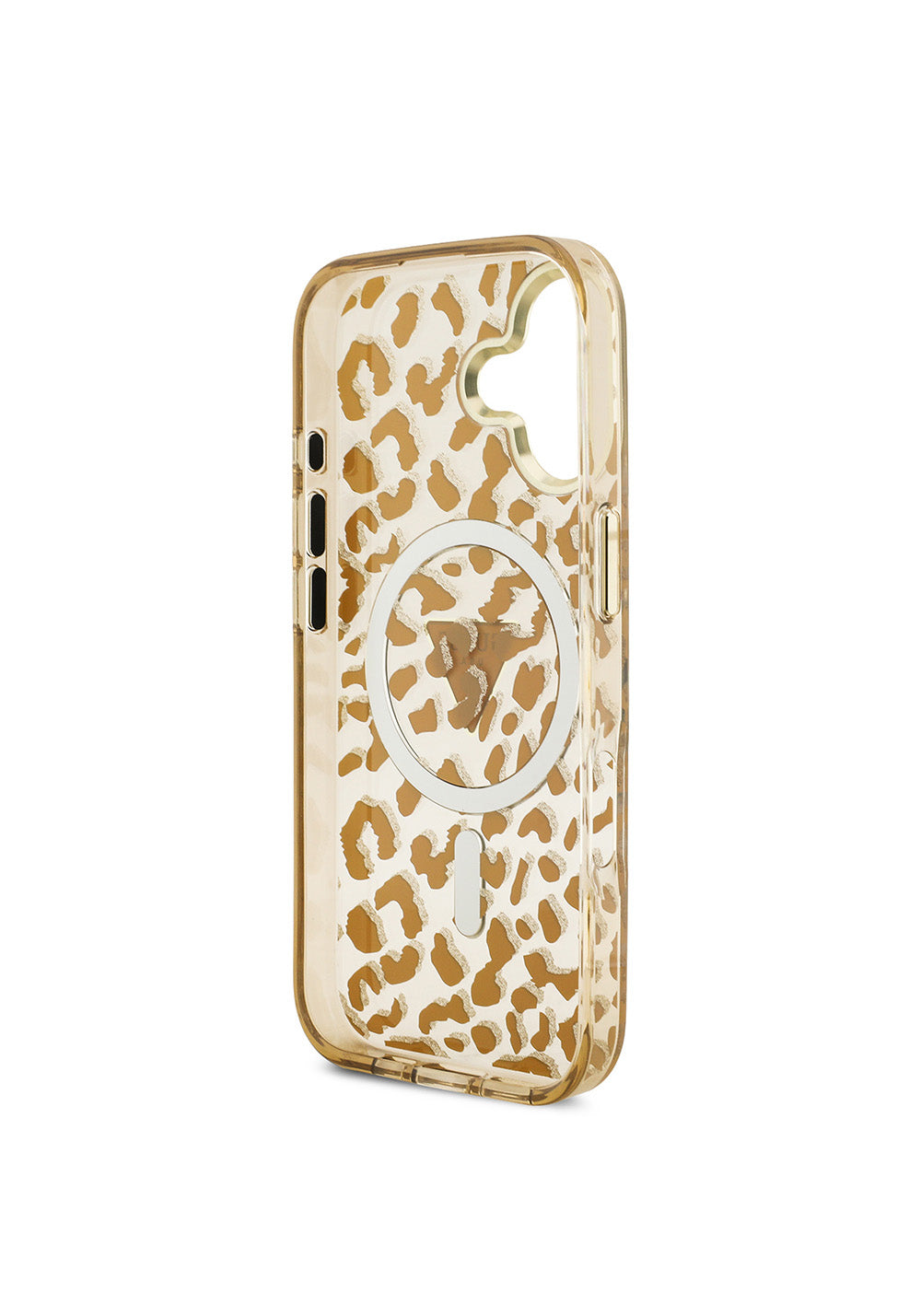 Apple iPhone 17 Kılıf Guess Orijinal Lisanslı Manyetik Şarj Uyumlu Üçgen Logolu Simli Leopar Desenli Kapak