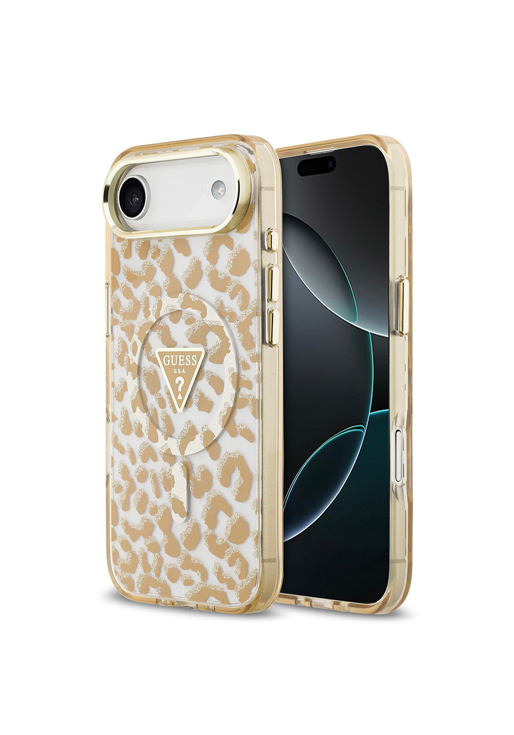 Apple iPhone 17 Air Kılıf Guess Orijinal Lisanslı Manyetik Şarj Uyumlu Üçgen Logolu Simli Leopar Desenli Kapak