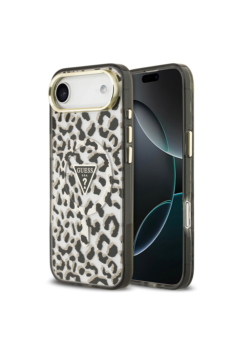 Apple iPhone 17 Air Kılıf Guess Orijinal Lisanslı Manyetik Şarj Uyumlu Üçgen Logolu Simli Leopar Desenli Kapak