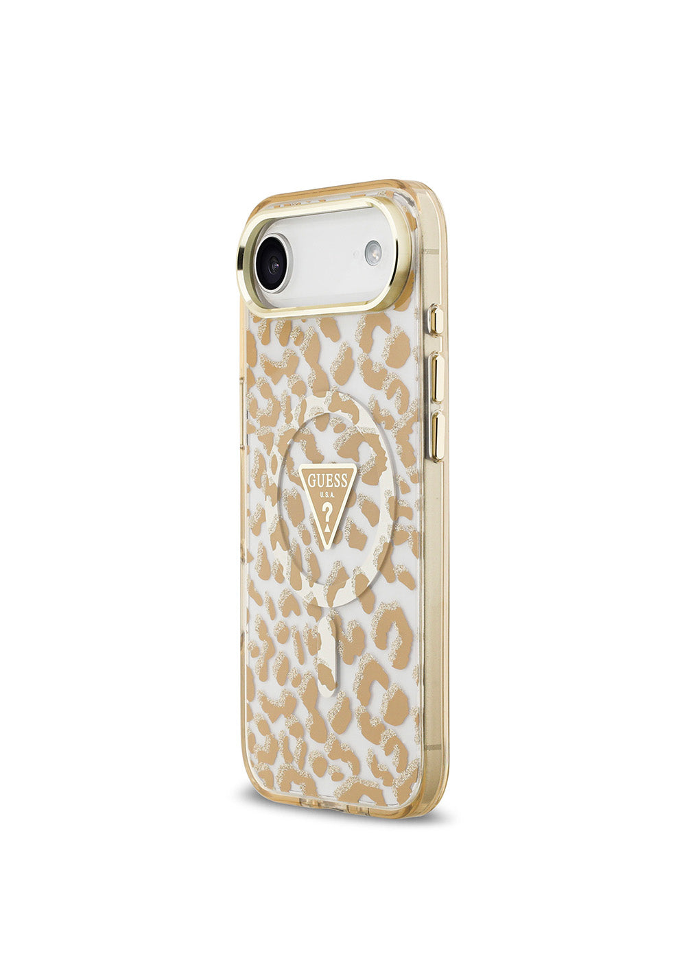 Apple iPhone 17 Air Kılıf Guess Orijinal Lisanslı Manyetik Şarj Uyumlu Üçgen Logolu Simli Leopar Desenli Kapak