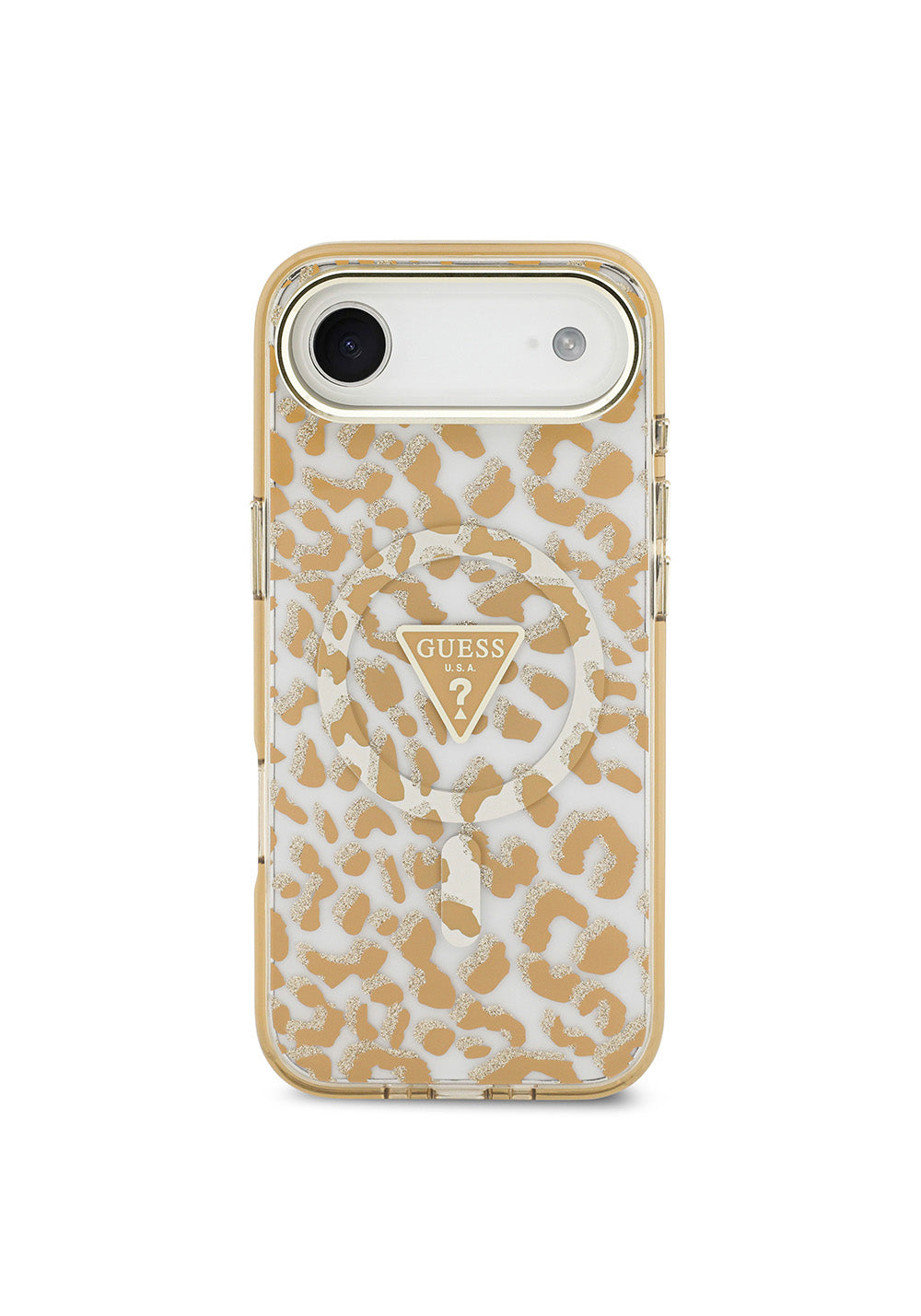 Apple iPhone 17 Air Kılıf Guess Orijinal Lisanslı Manyetik Şarj Uyumlu Üçgen Logolu Simli Leopar Desenli Kapak