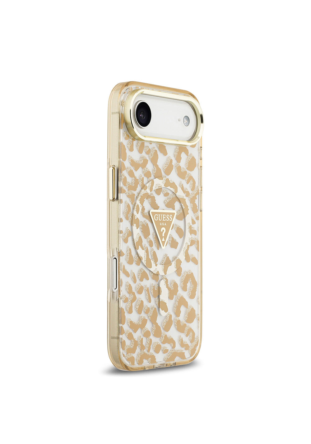 Apple iPhone 17 Air Kılıf Guess Orijinal Lisanslı Manyetik Şarj Uyumlu Üçgen Logolu Simli Leopar Desenli Kapak