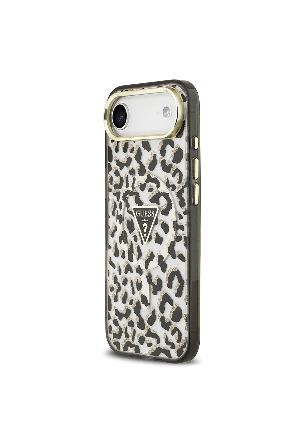 Apple iPhone 17 Air Kılıf Guess Orijinal Lisanslı Manyetik Şarj Uyumlu Üçgen Logolu Simli Leopar Desenli Kapak