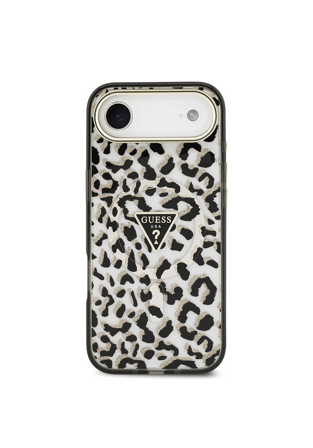 Apple iPhone 17 Air Kılıf Guess Orijinal Lisanslı Manyetik Şarj Uyumlu Üçgen Logolu Simli Leopar Desenli Kapak