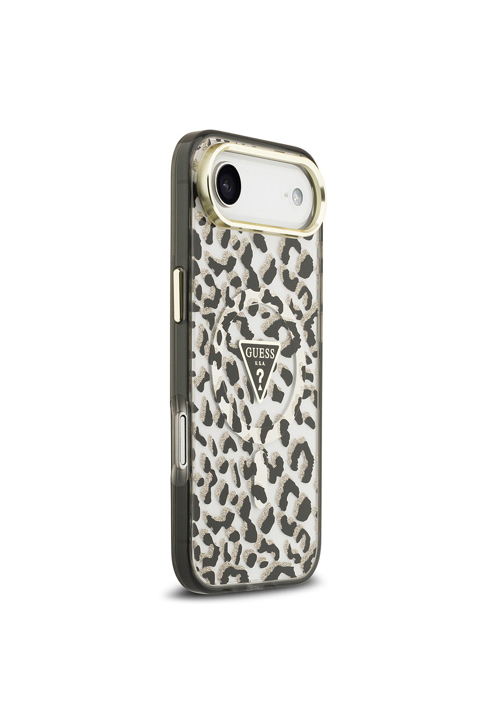 Apple iPhone 17 Air Kılıf Guess Orijinal Lisanslı Manyetik Şarj Uyumlu Üçgen Logolu Simli Leopar Desenli Kapak
