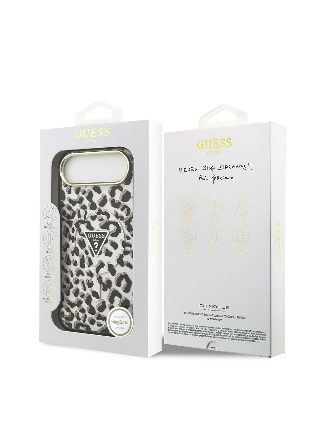 Apple iPhone 17 Air Kılıf Guess Orijinal Lisanslı Manyetik Şarj Uyumlu Üçgen Logolu Simli Leopar Desenli Kapak