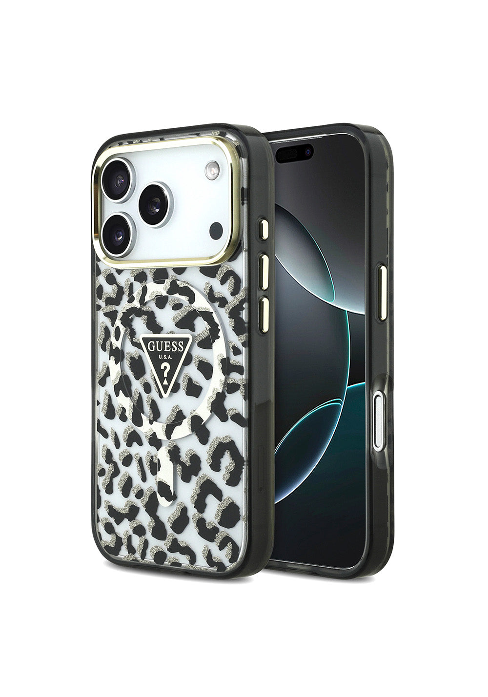 Apple iPhone 17 Pro Kılıf Guess Orijinal Lisanslı Manyetik Şarj Uyumlu Üçgen Logolu Simli Leopar Desenli Kapak