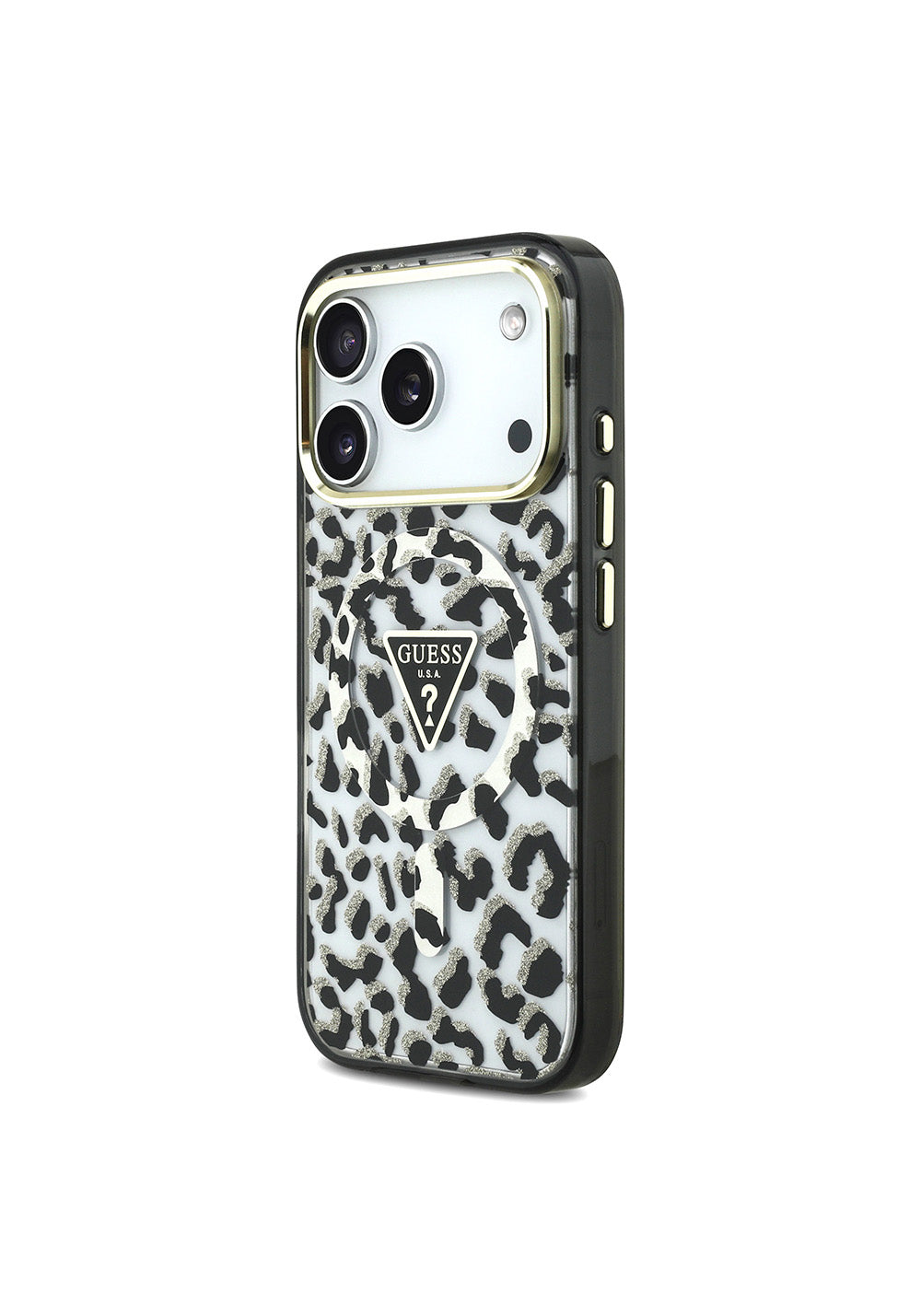Apple iPhone 17 Pro Kılıf Guess Orijinal Lisanslı Manyetik Şarj Uyumlu Üçgen Logolu Simli Leopar Desenli Kapak