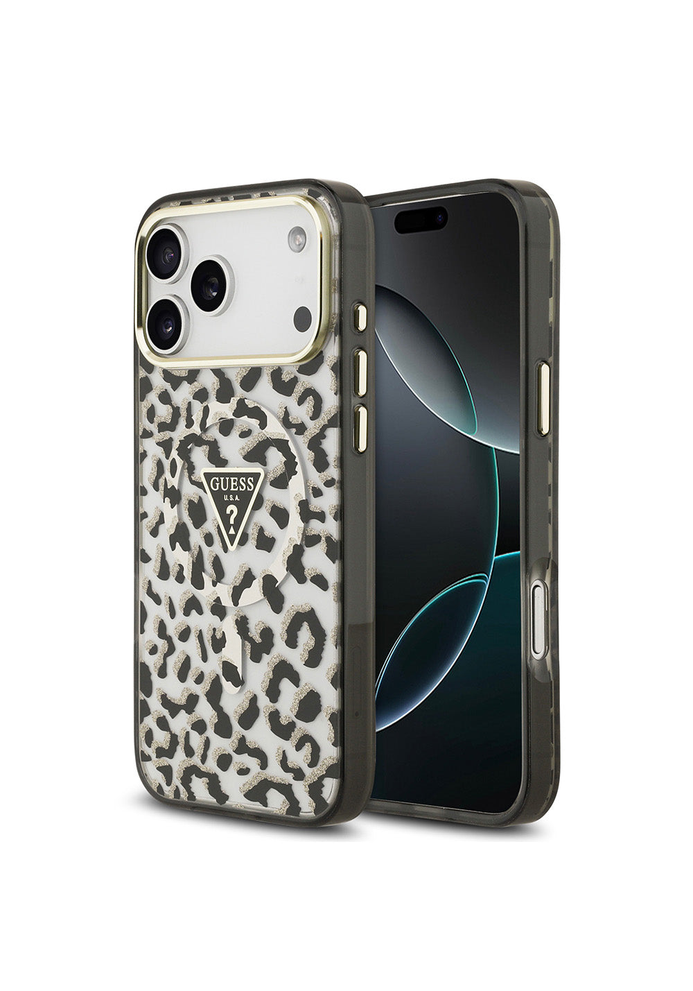Apple iPhone 17 Pro Max Kılıf Guess Orijinal Lisanslı Manyetik Şarj Uyumlu Üçgen Logolu Simli Leopar Desenli Kapak