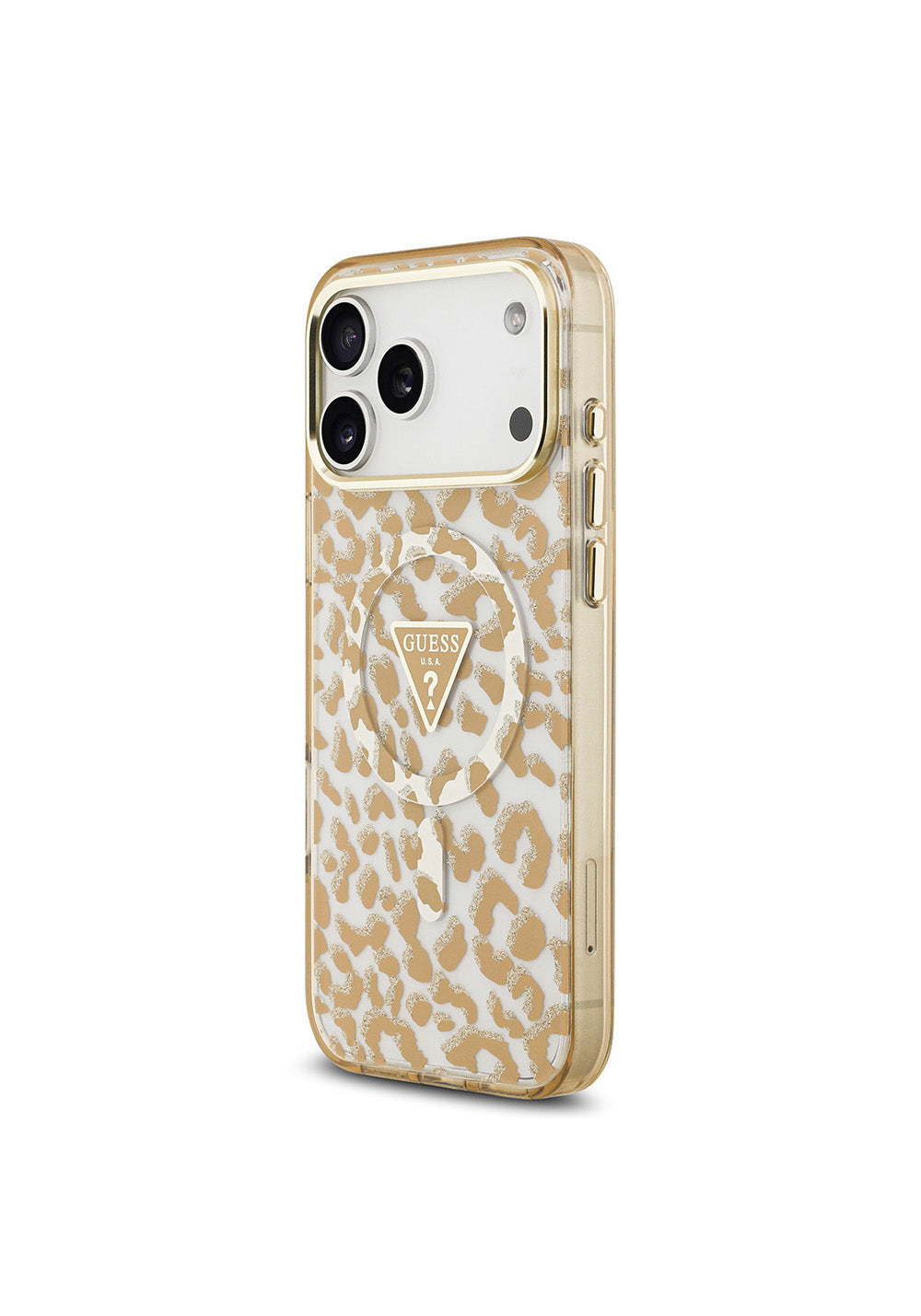 Apple iPhone 17 Pro Max Kılıf Guess Orijinal Lisanslı Manyetik Şarj Uyumlu Üçgen Logolu Simli Leopar Desenli Kapak
