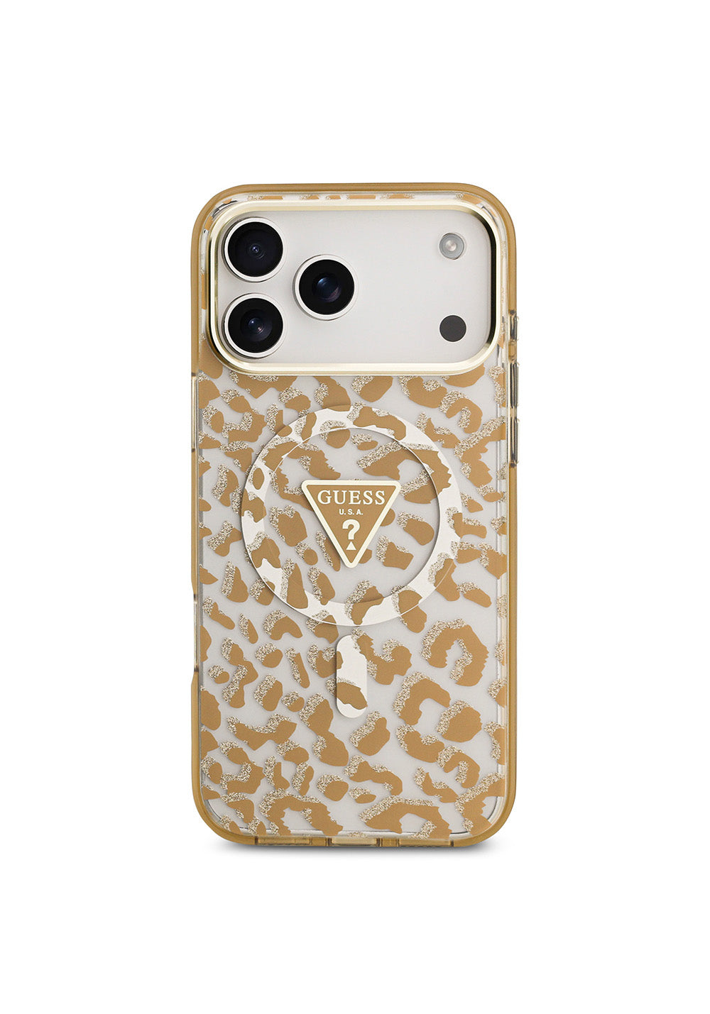 Apple iPhone 17 Pro Max Kılıf Guess Orijinal Lisanslı Manyetik Şarj Uyumlu Üçgen Logolu Simli Leopar Desenli Kapak