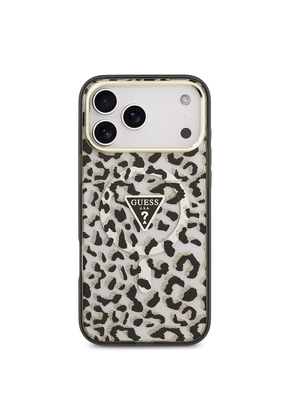 Apple iPhone 17 Pro Max Kılıf Guess Orijinal Lisanslı Manyetik Şarj Uyumlu Üçgen Logolu Simli Leopar Desenli Kapak