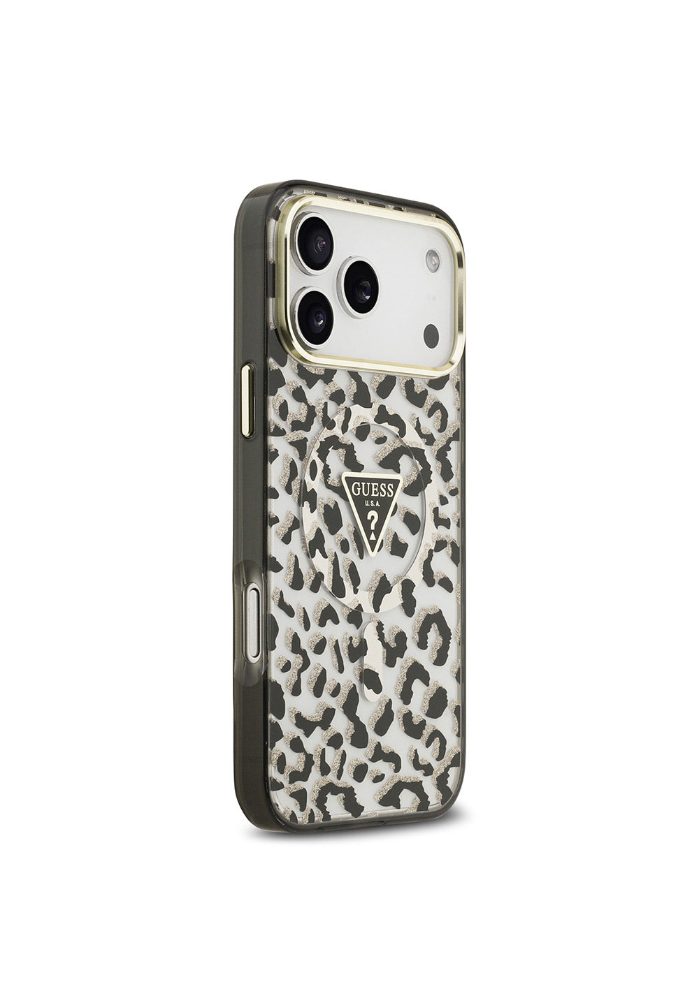 Apple iPhone 17 Pro Max Kılıf Guess Orijinal Lisanslı Manyetik Şarj Uyumlu Üçgen Logolu Simli Leopar Desenli Kapak
