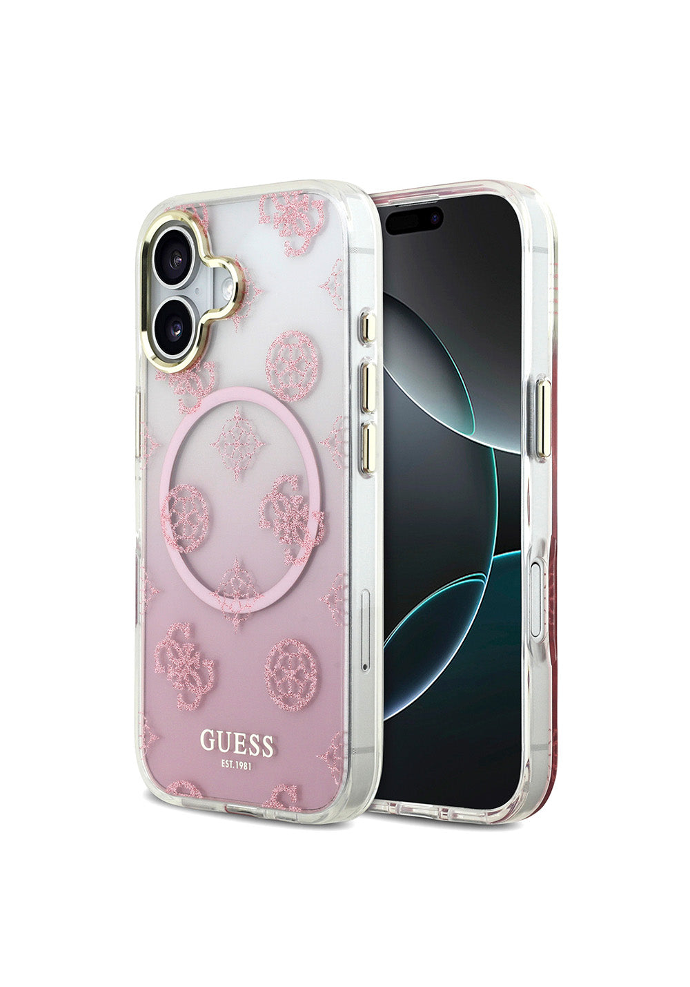 Apple iPhone 17 Kılıf Guess Orijinal Lisanslı Manyetik Şarj Uyumlu Simli Peony Desenli Silikon Kapak
