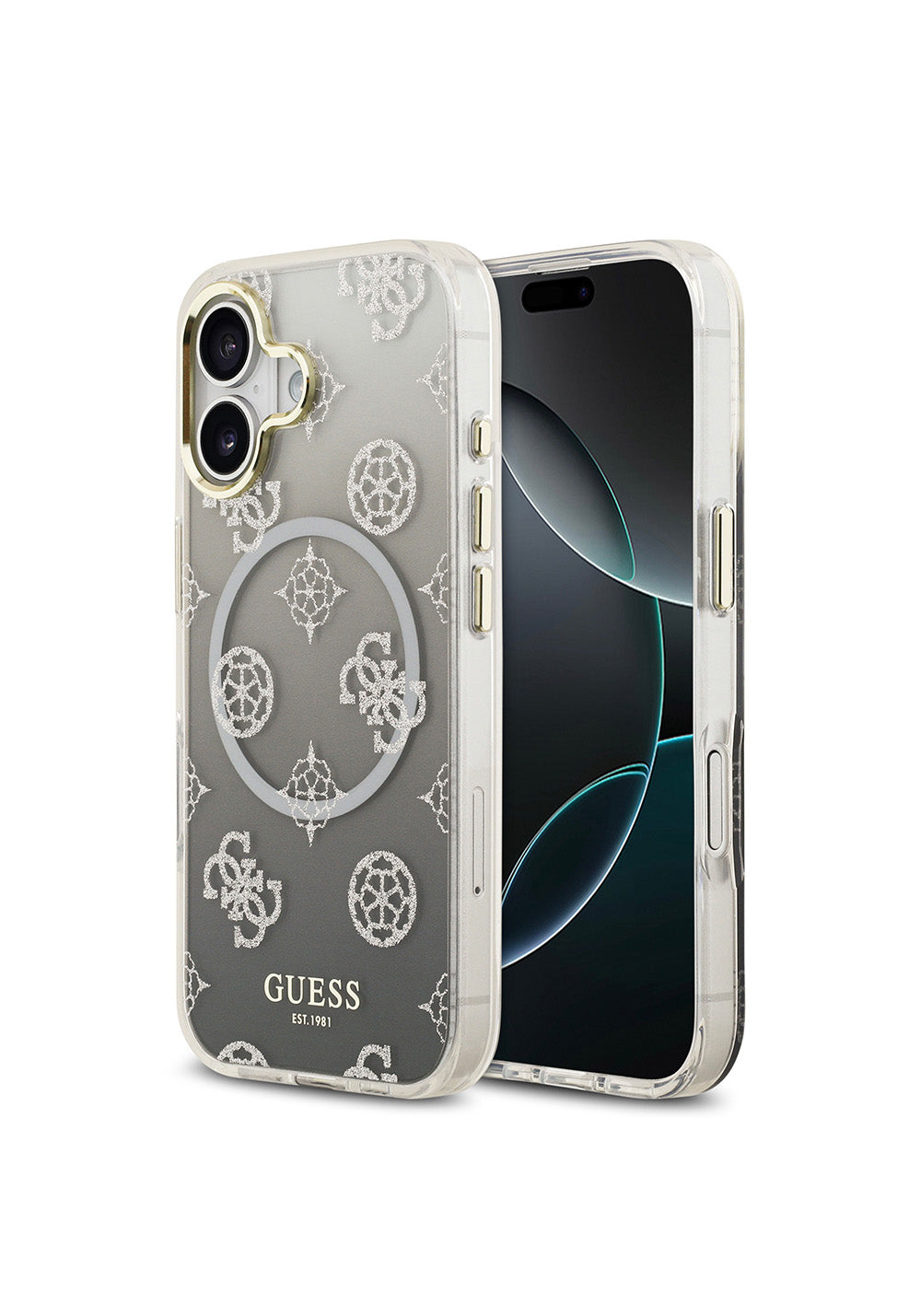 Apple iPhone 17 Kılıf Guess Orijinal Lisanslı Manyetik Şarj Uyumlu Simli Peony Desenli Silikon Kapak