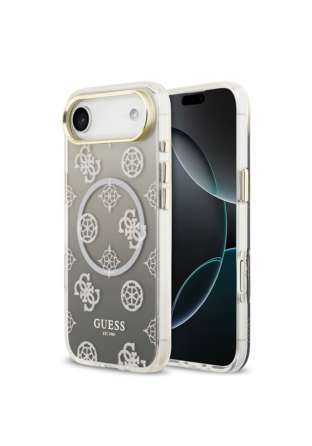 Apple iPhone 17 Air Kılıf Guess Orijinal Lisanslı Manyetik Şarj Uyumlu Simli Peony Desenli Silikon Kapak