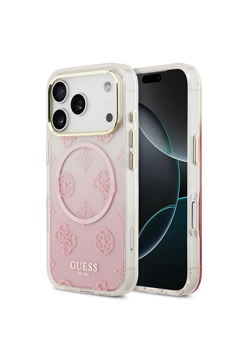 Apple iPhone 17 Pro Kılıf Guess Orijinal Lisanslı Manyetik Şarj Uyumlu Simli Peony Desenli Silikon Kapak