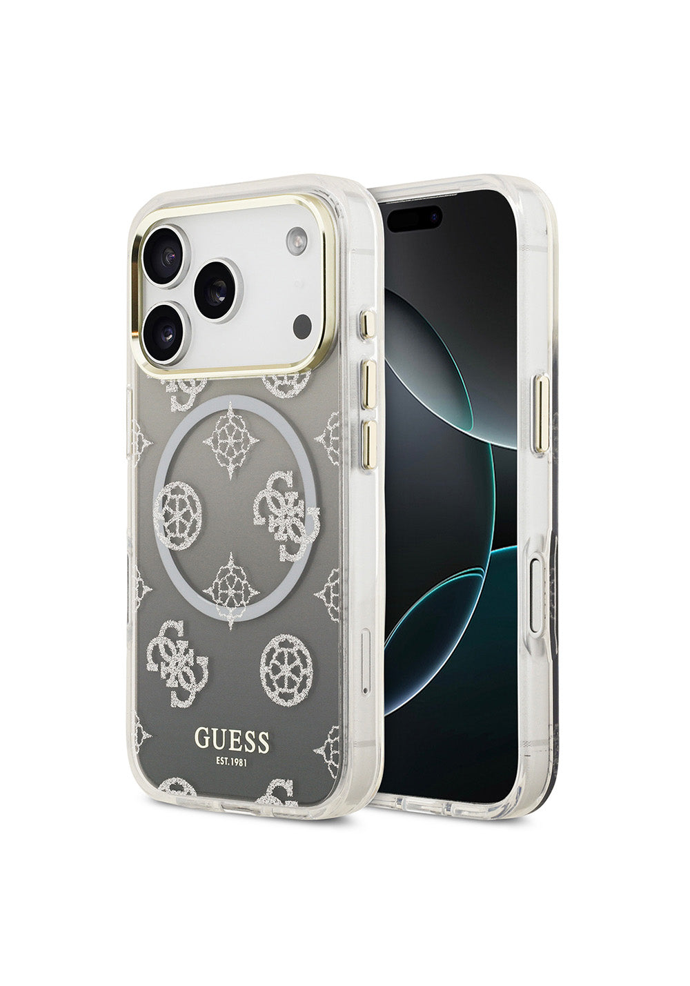 Apple iPhone 17 Pro Kılıf Guess Orijinal Lisanslı Manyetik Şarj Uyumlu Simli Peony Desenli Silikon Kapak