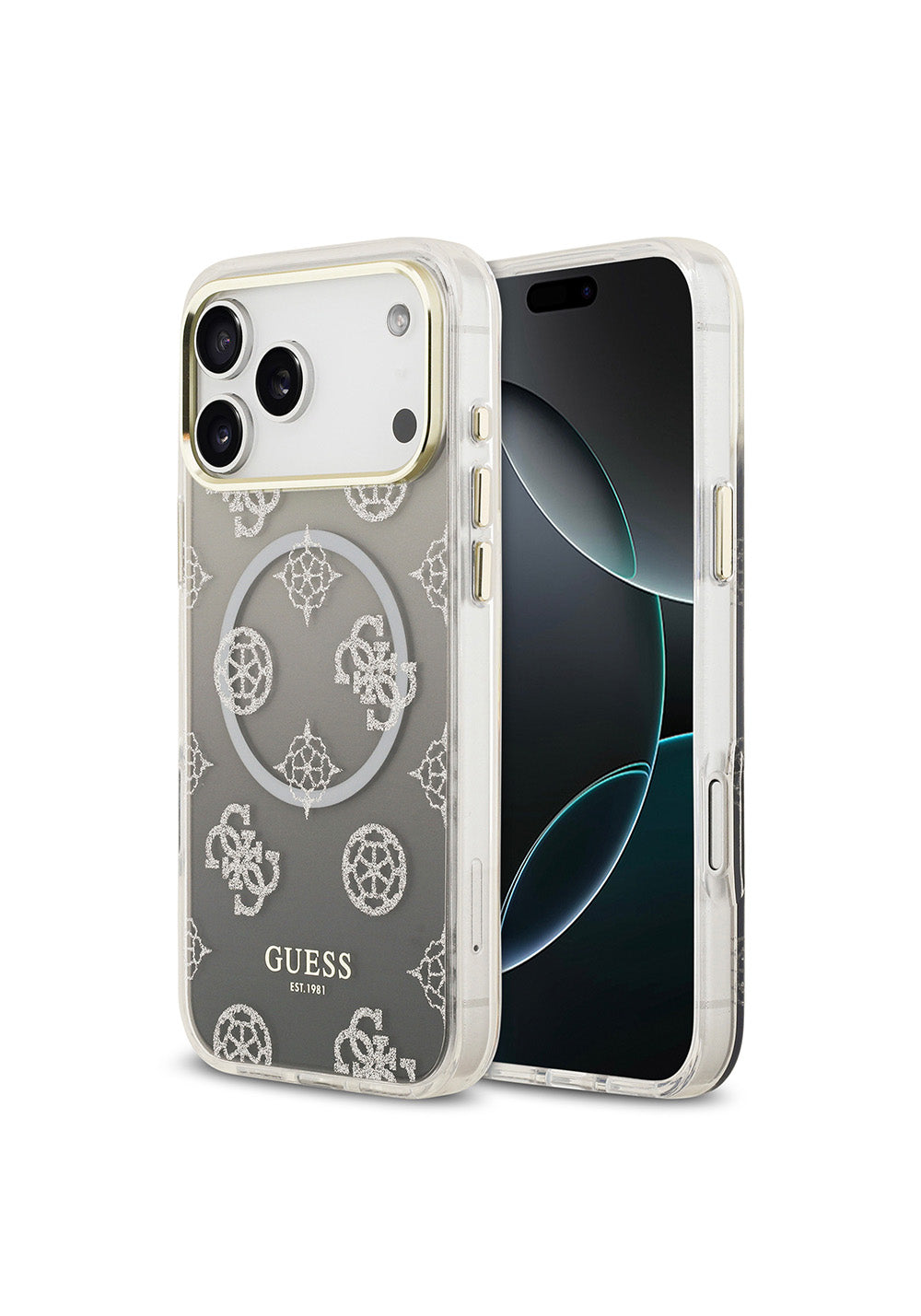 Apple iPhone 17 Pro Max Kılıf Guess Orijinal Lisanslı Manyetik Şarj Uyumlu Simli Peony Desenli Silikon Kapak
