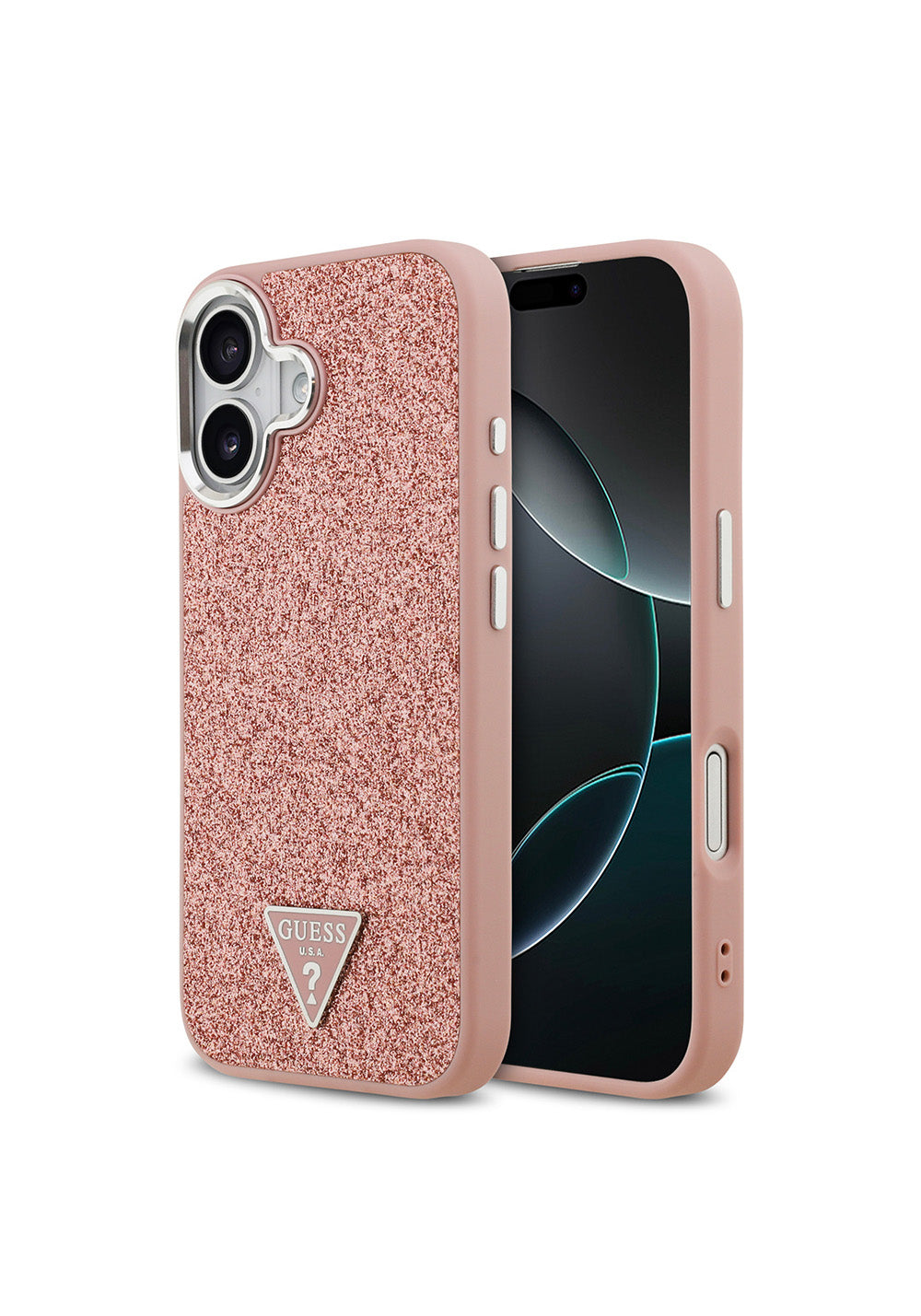 Apple iPhone 17 Kılıf Guess Orijinal Lisanslı Manyetik Şarj Uyumlu Metal Kamera Çerçeveli Üçgen Logolu Glitter Kapak