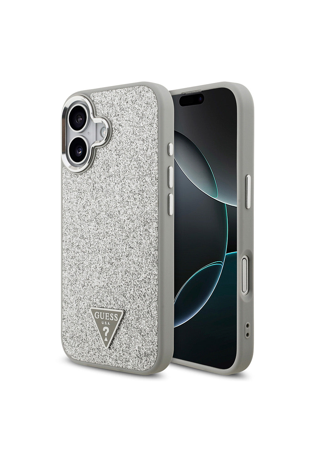 Apple iPhone 17 Kılıf Guess Orijinal Lisanslı Manyetik Şarj Uyumlu Metal Kamera Çerçeveli Üçgen Logolu Glitter Kapak