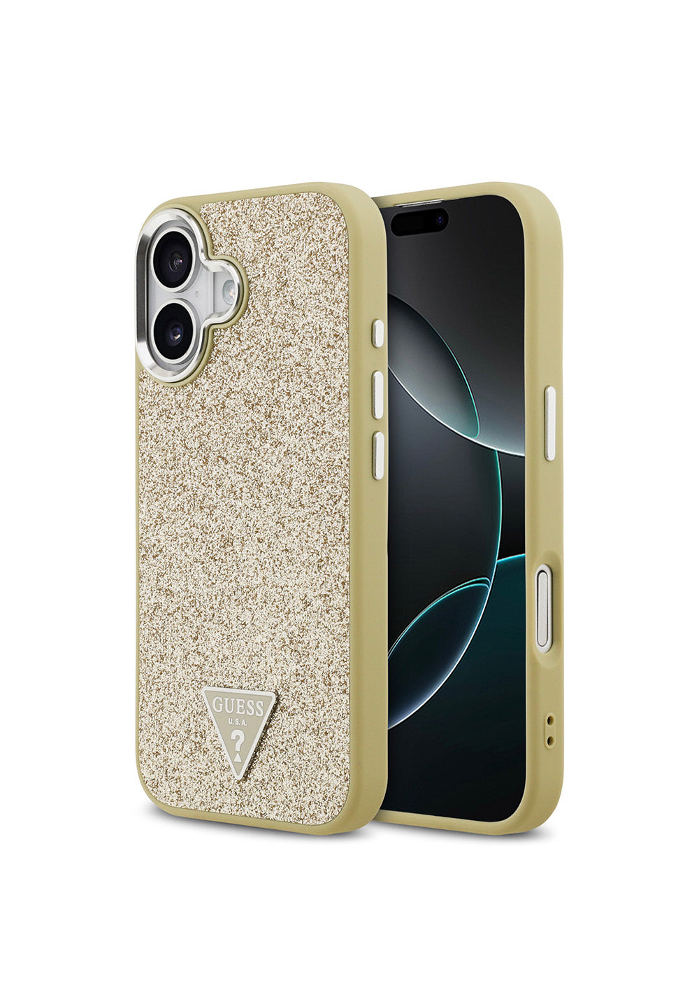 Apple iPhone 17 Kılıf Guess Orijinal Lisanslı Manyetik Şarj Uyumlu Metal Kamera Çerçeveli Üçgen Logolu Glitter Kapak