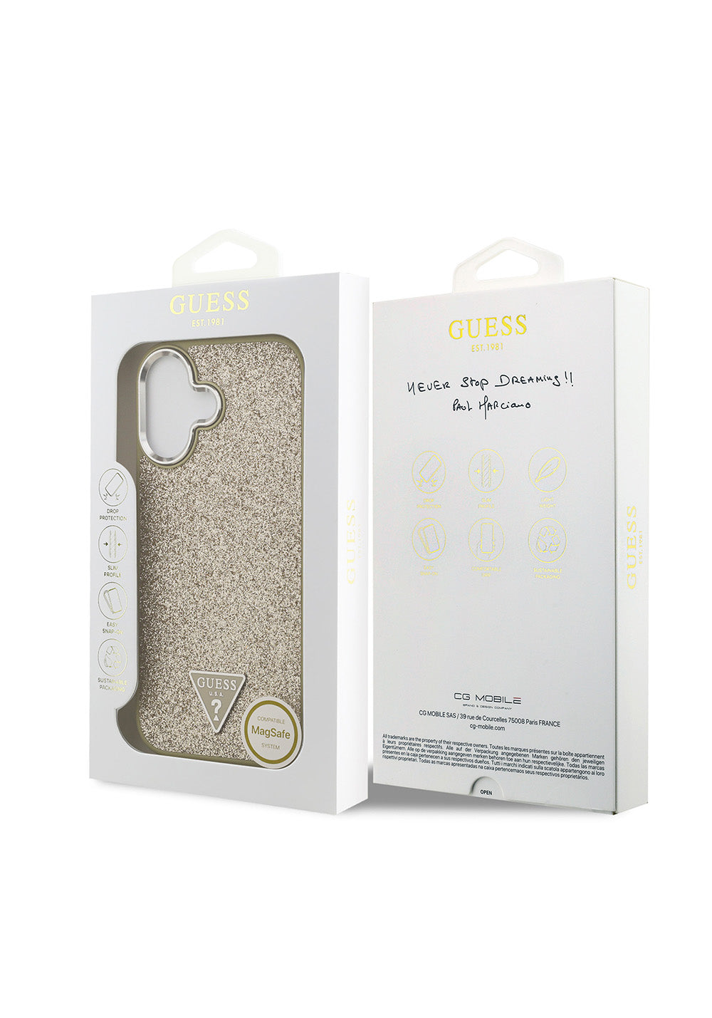 Apple iPhone 17 Kılıf Guess Orijinal Lisanslı Manyetik Şarj Uyumlu Metal Kamera Çerçeveli Üçgen Logolu Glitter Kapak