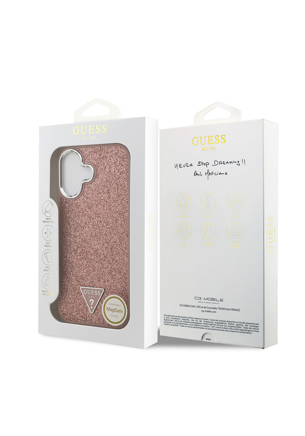 Apple iPhone 17 Kılıf Guess Orijinal Lisanslı Manyetik Şarj Uyumlu Metal Kamera Çerçeveli Üçgen Logolu Glitter Kapak